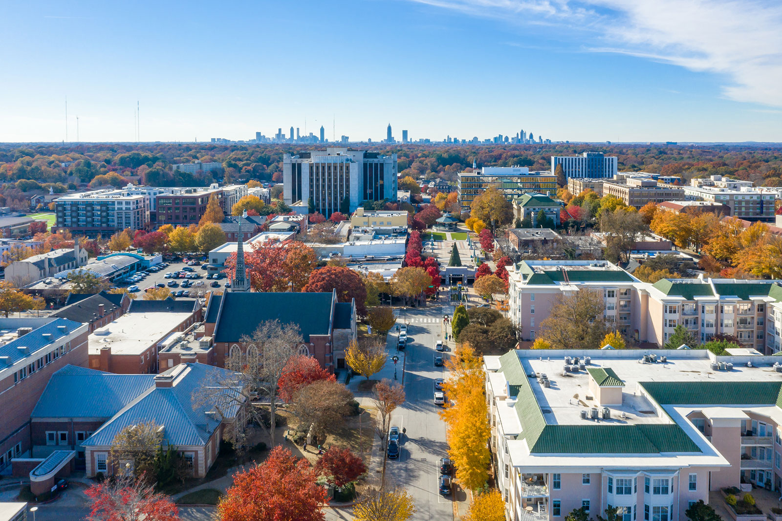 Aerial shot of Decatur, Georgia, location of the Williams Teusink business law firm, with Atlanta in the background.