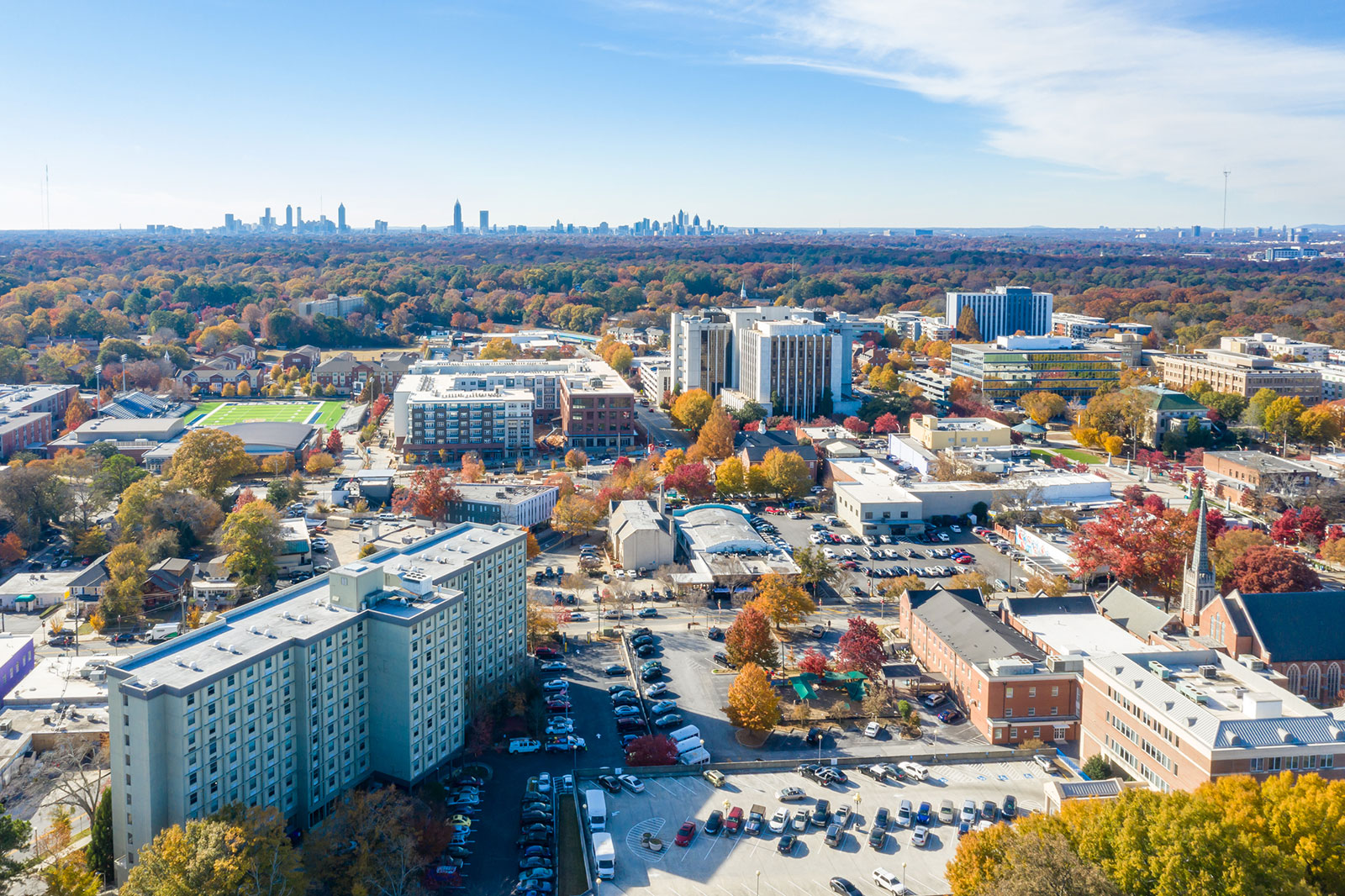 Aerial shot of Decatur, GA, location of the Williams Teusink government affairs law firm, with Atlanta in the background.